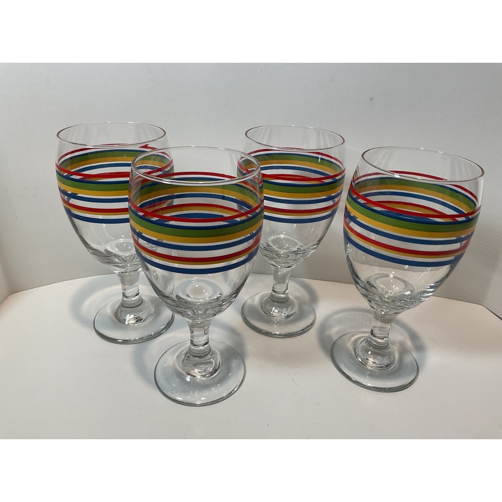 Set of 4 Vintage Libbey Fiesta Striped Wine Glasses Rainbow Colors Retro Barware